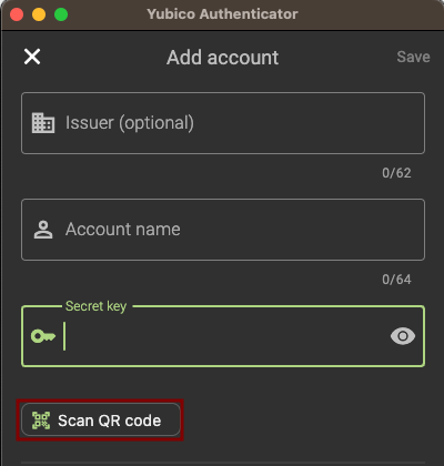 The form for adding an account to the Yubico authenticator